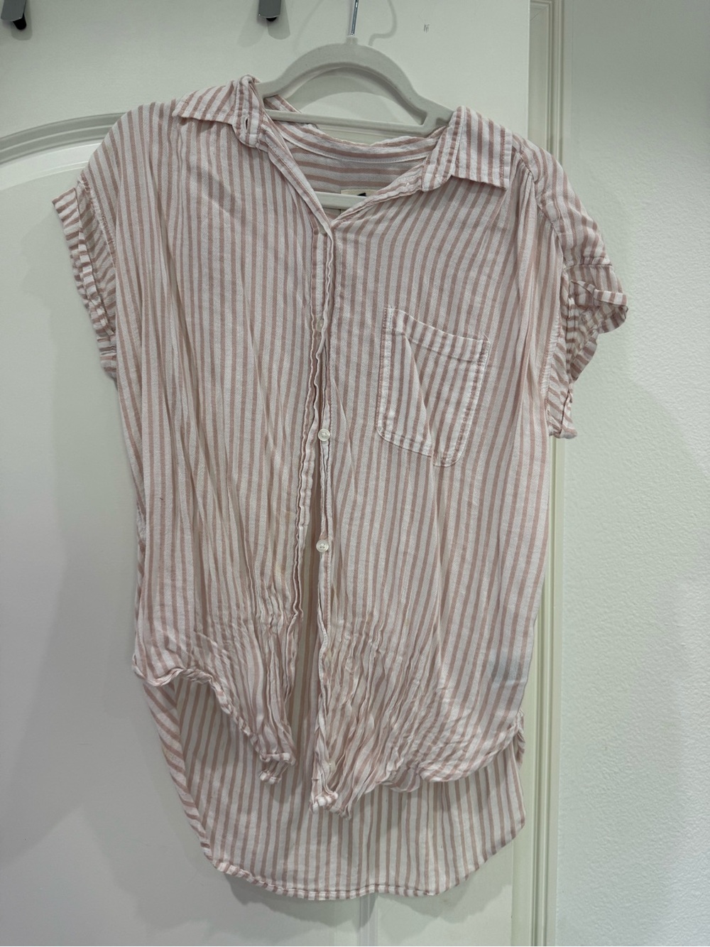American Eagle Outfitters Pink and White Striped Tie-Hem Button Down Top